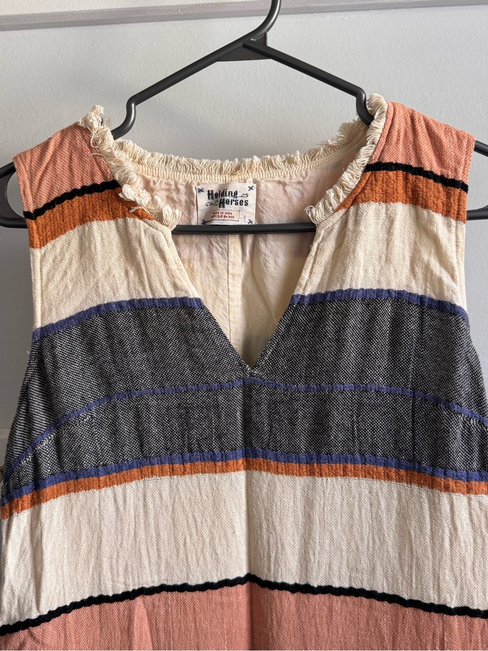 HOLDING HORSES Striped Fringe-Hem Tunic Dress in Cream, Pink & Navy